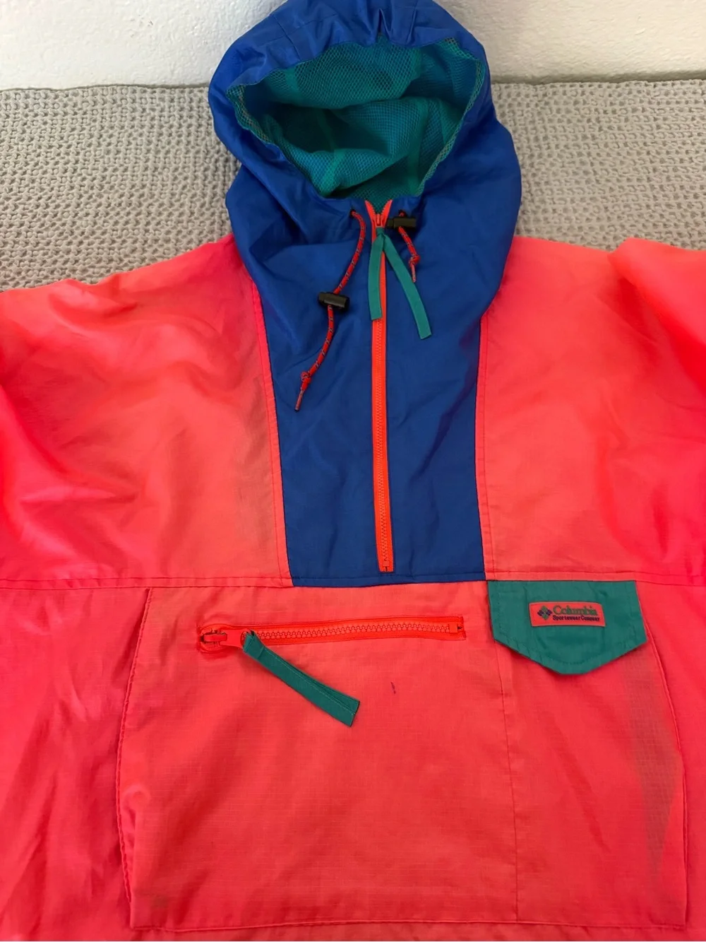 Columbia Retro 80s Pullover Windbreaker Neon Color Block Hooded Jacket Men’s L